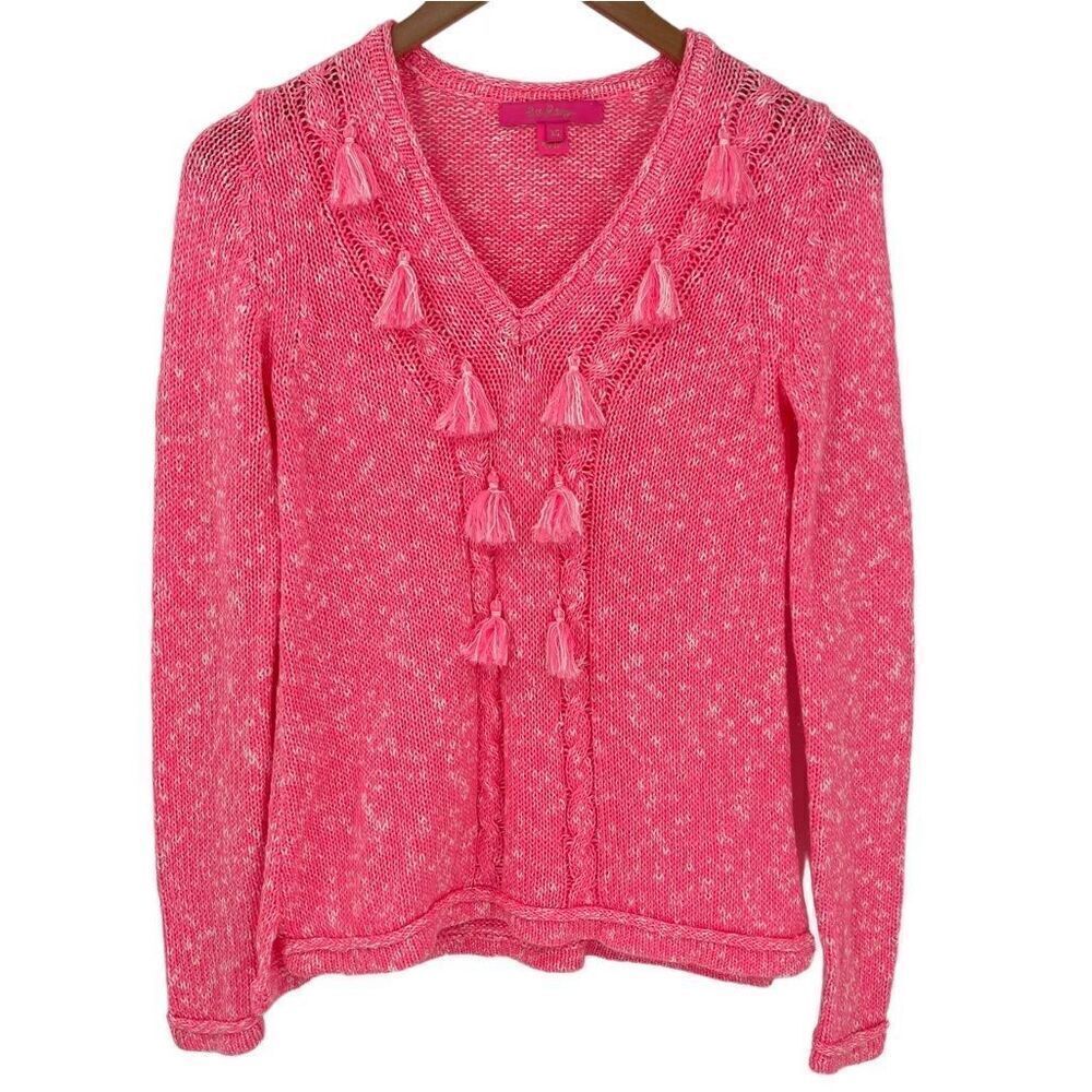 Lilly Pulitzer Kovette Tassel Sweater Long Sleeve Coral Sands Marl Women XS Pink